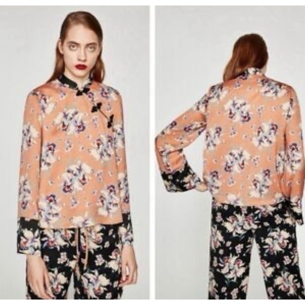 Zara Trafaluc Asian Oriental Orchid Floral Silky Blouse Bell Sleeves XS Orange